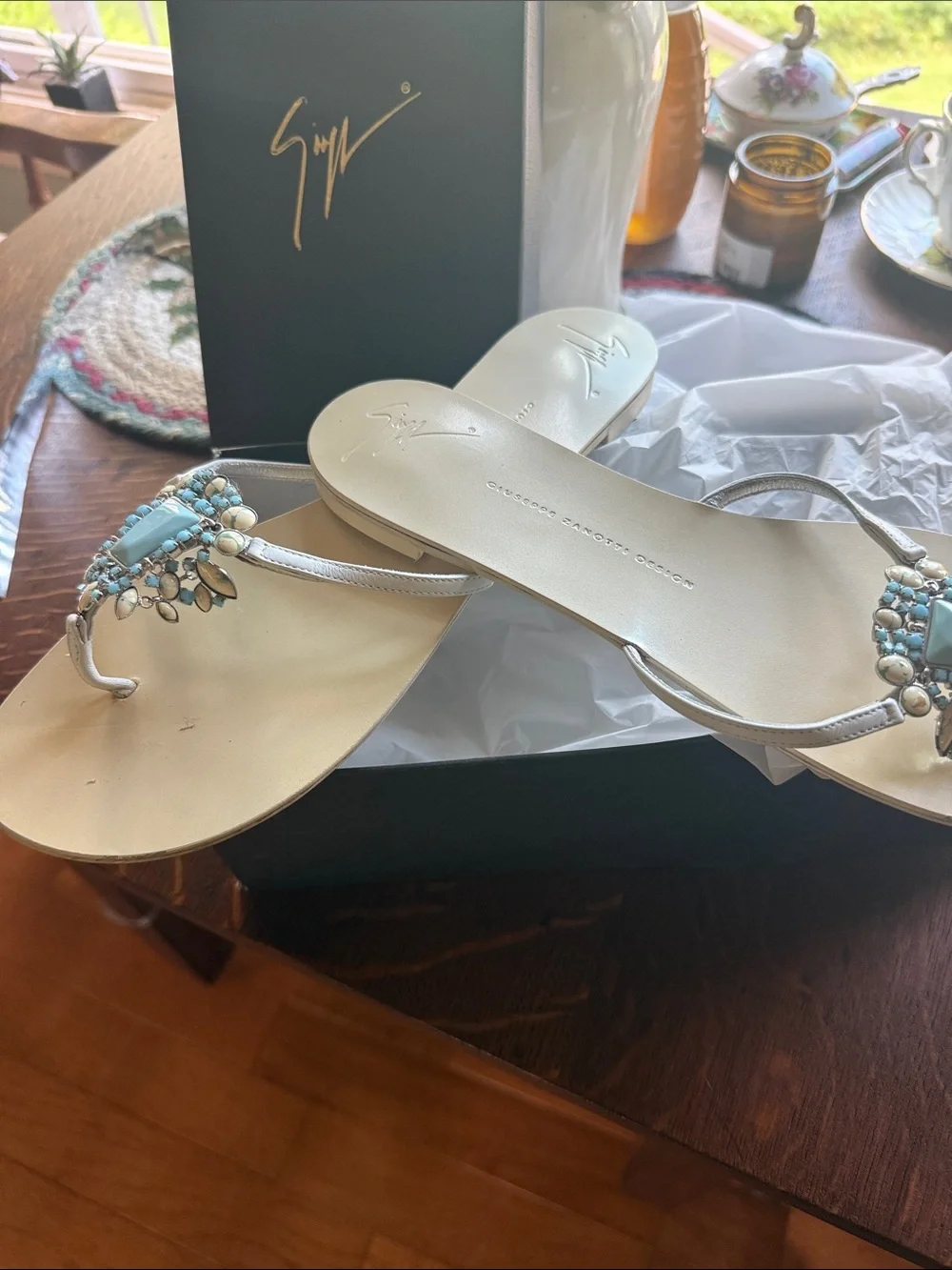 Giuseppe Zanotti Silver Leather Sandals with Turquoise Bead Embellishments